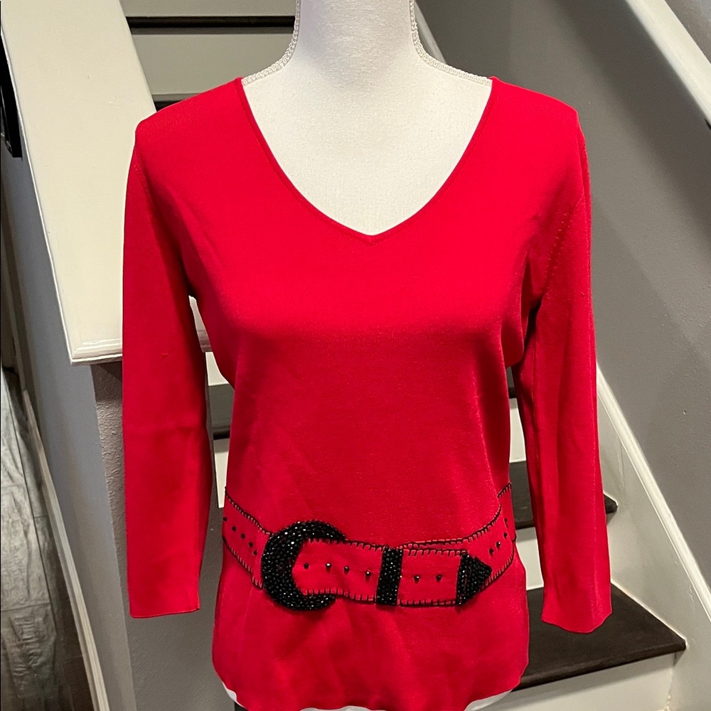 Ruby Rd. Red V-Neck Top with Black Beaded Belt Accent. Sz. L 3/4 Sleeves